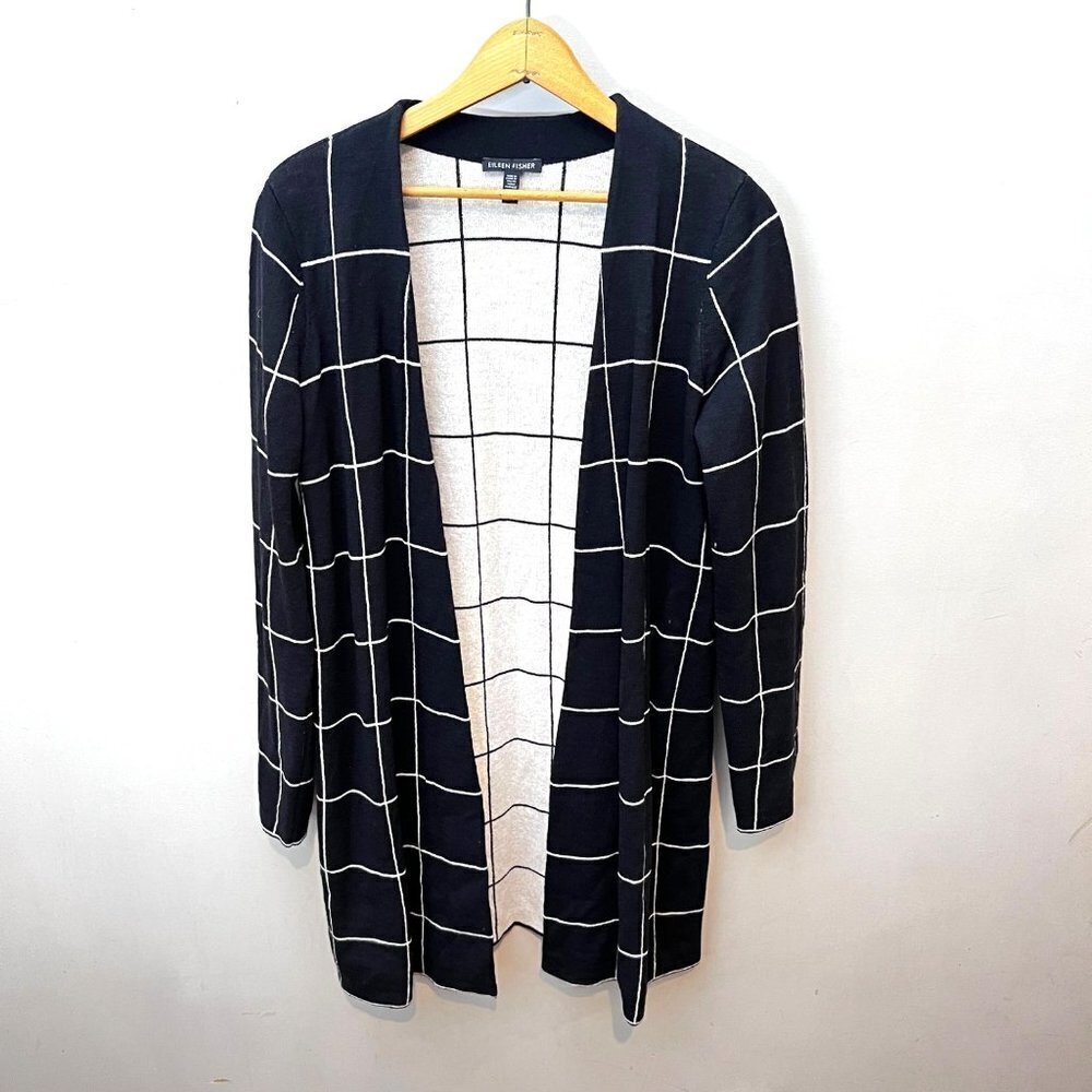 Eileen Fisher Black and White Wool Long Line Cardigan Sweater- Size XS